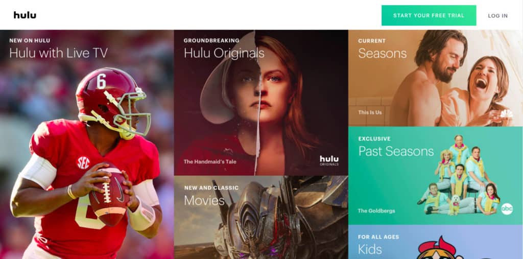 Captura de pantalla de la página de inicio de Hulu