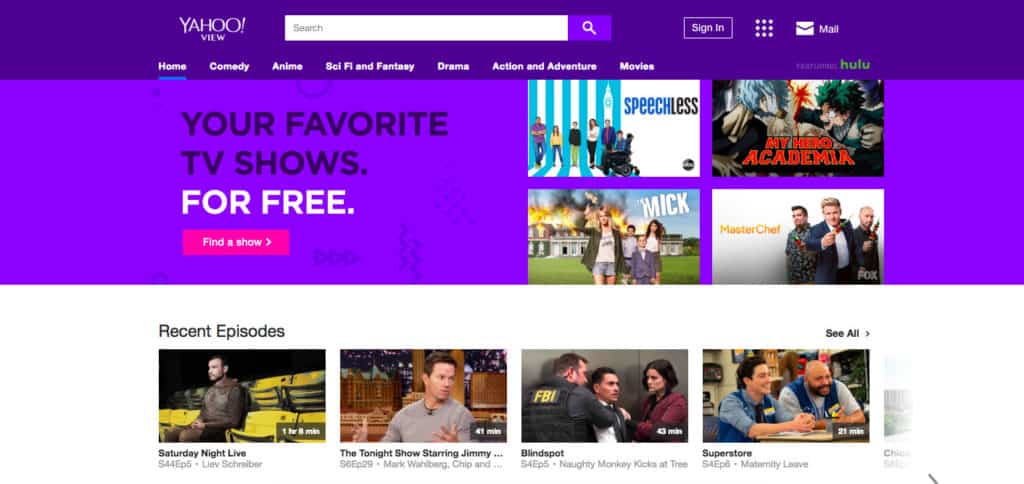 Captura de pantalla de la página de inicio de Yahoo View