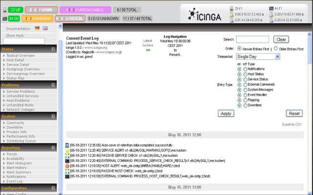 Schermata del registro eventi Icinga