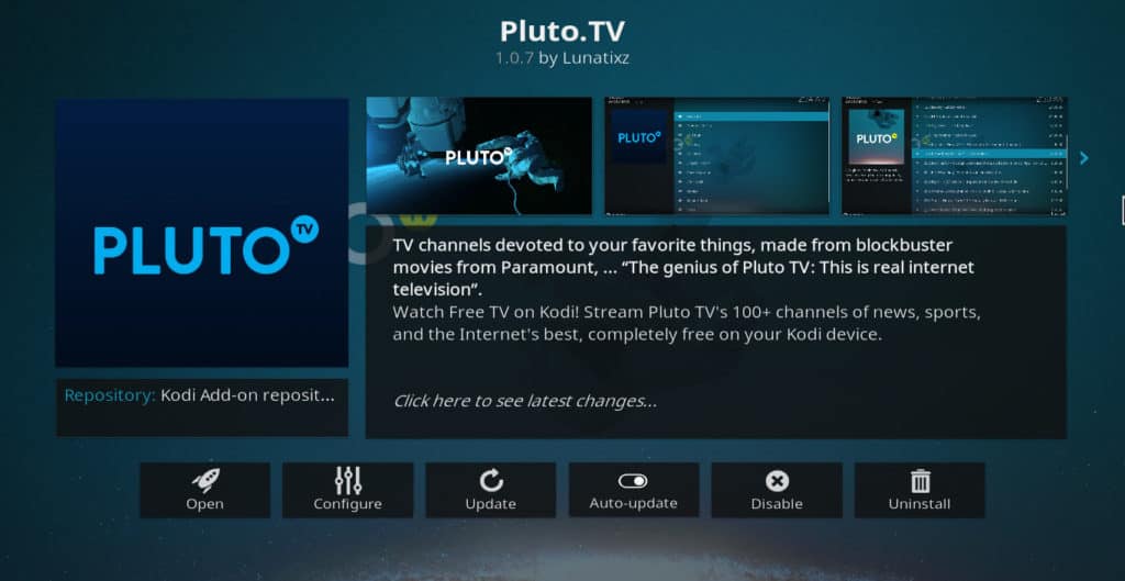 Componente aggiuntivo Kodi di Pluto.TV