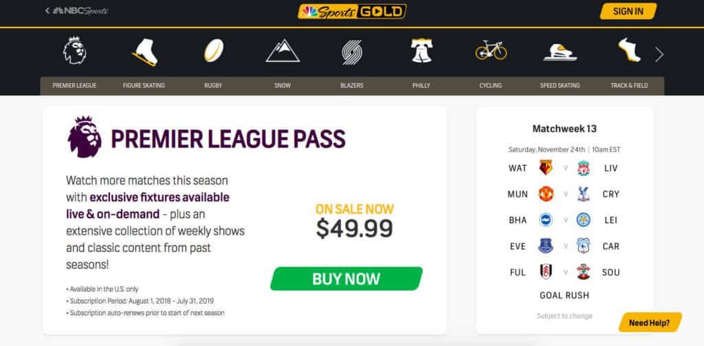 NBC Sports Gold Premier League Pass
