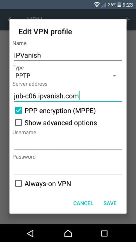 configuración de Android ipvanish