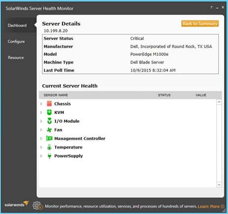 SolarWinds Server Health Monitor peut explorer en détail l'état sur un serveur choisi.