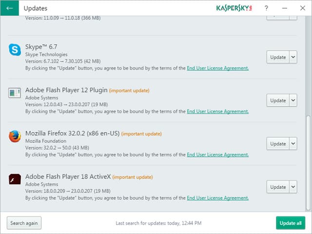 Kaspersky Software Updater - screenshot dell'elenco