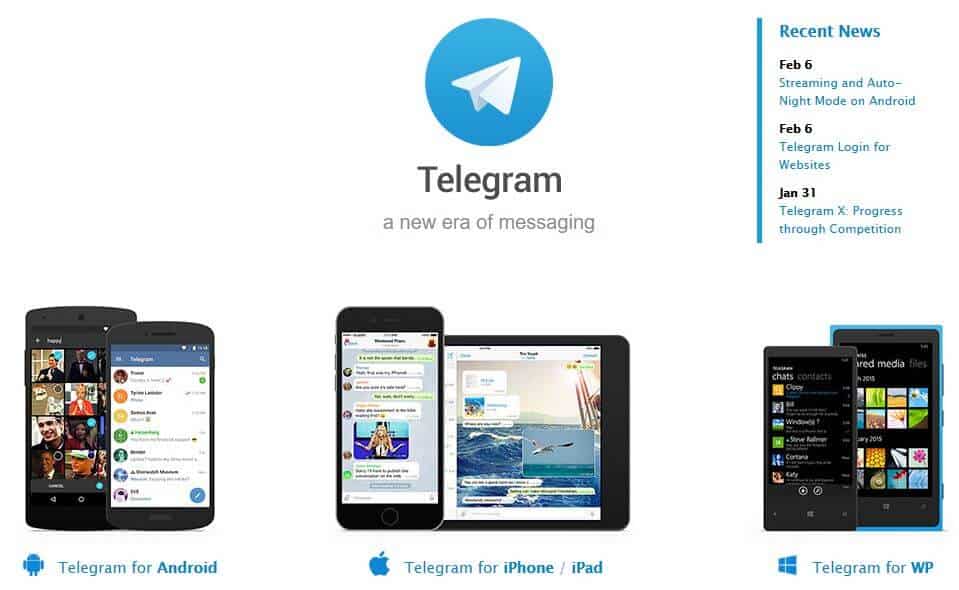 La page d'accueil de Telegram.