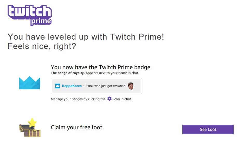 Page de confirmation de Twitch Prime.