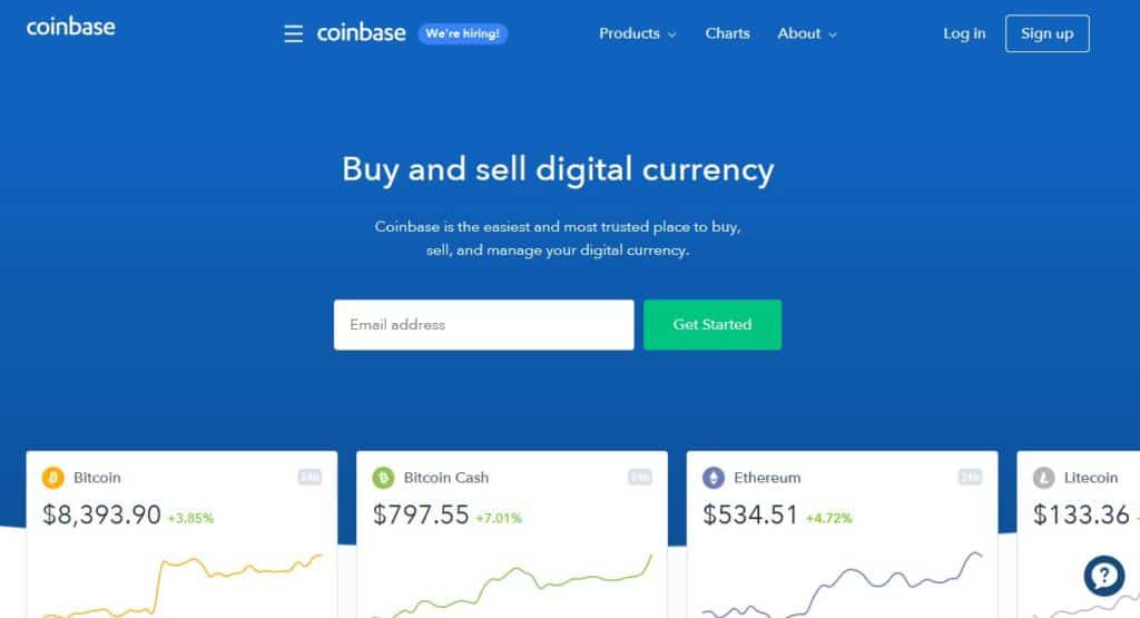 La página de inicio de Coinbase.
