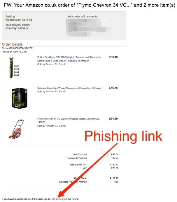 E-mail de phishing da Amazon
