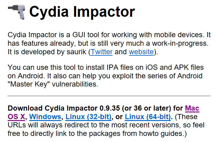 Die Cydia Impactor-Homepage.