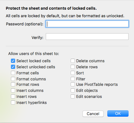 MS Excel imposta foglio di protezione password