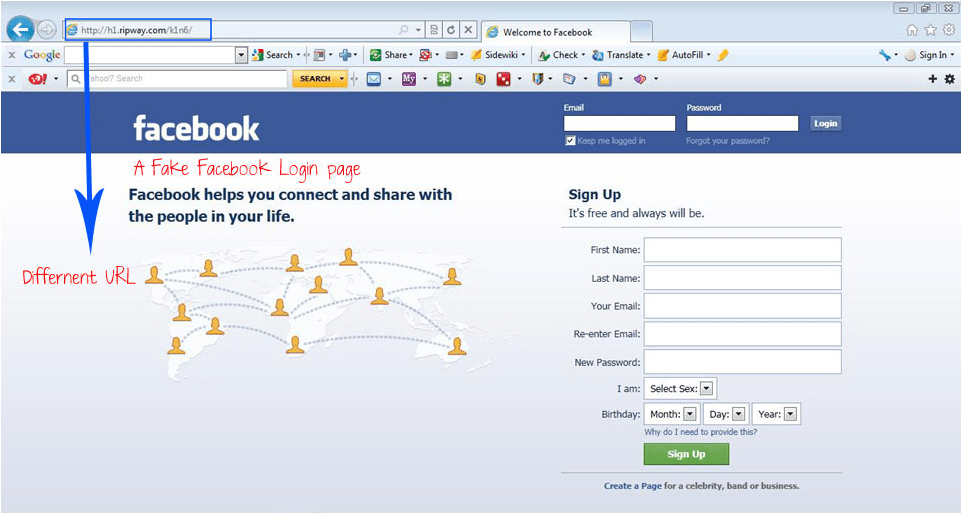 phishing falso del sitio de Facebook