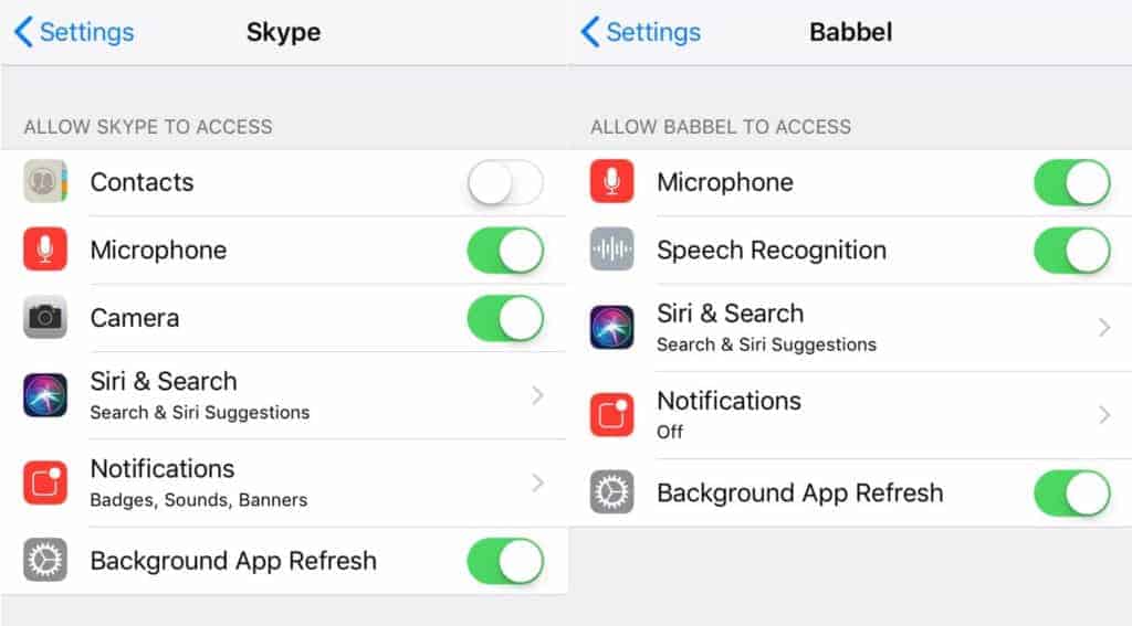 Autorizzazioni per app Skype e Babbel per iPhone.