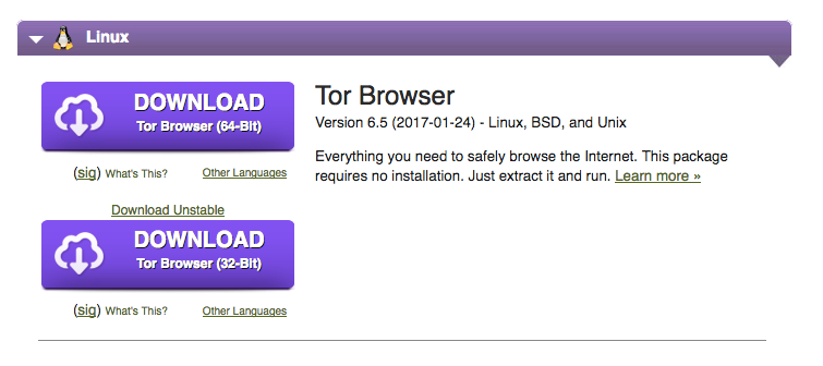solicitud de descarga de Linux tor