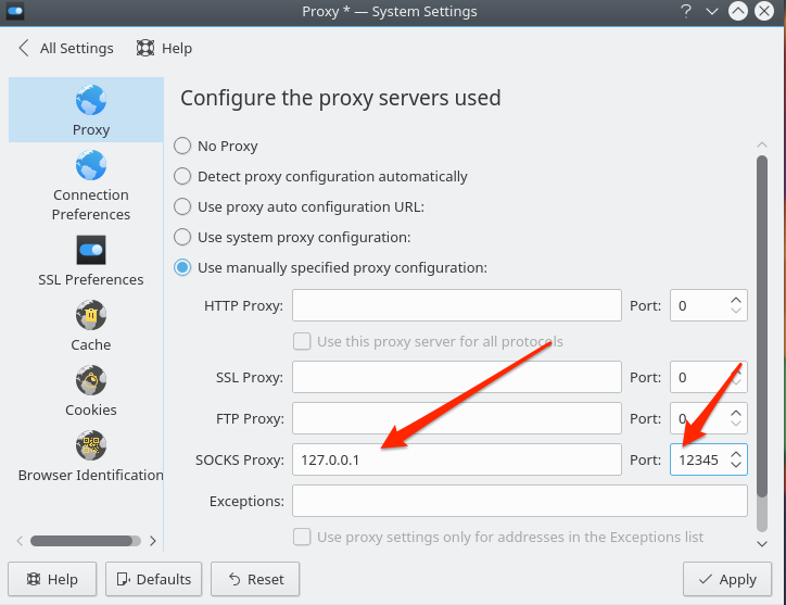 Impostazioni proxy di rete KDE