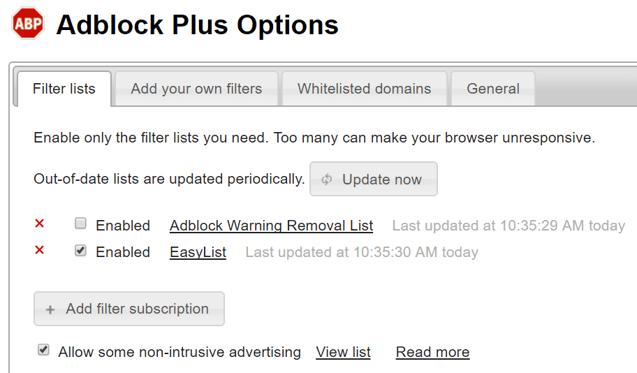 واجهة Adblock Plus.
