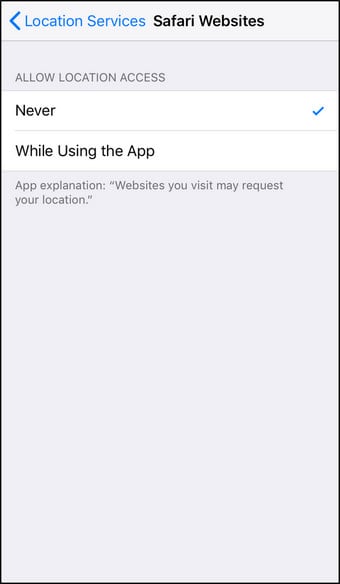 Diable de rastreamento dos serviços de localização do iOS para Safari