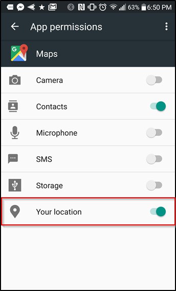 Permissões para aplicativos do Google Android desativam local