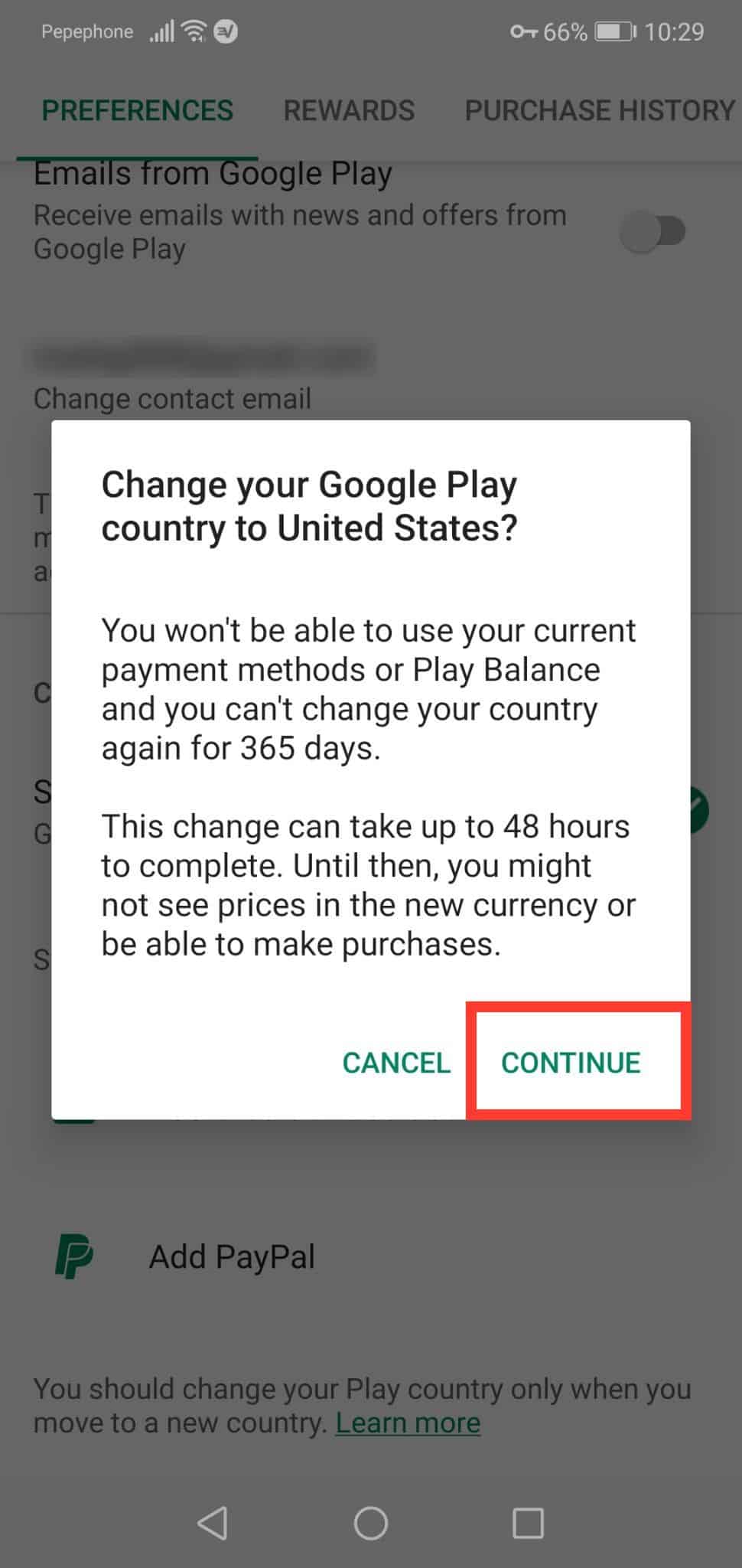 Cambiar advertencia de país de Google Play