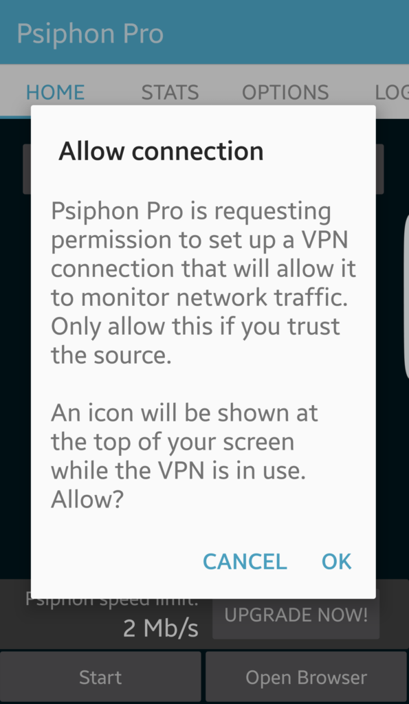Psiphon per l'autorizzazione Android per eseguire VPN