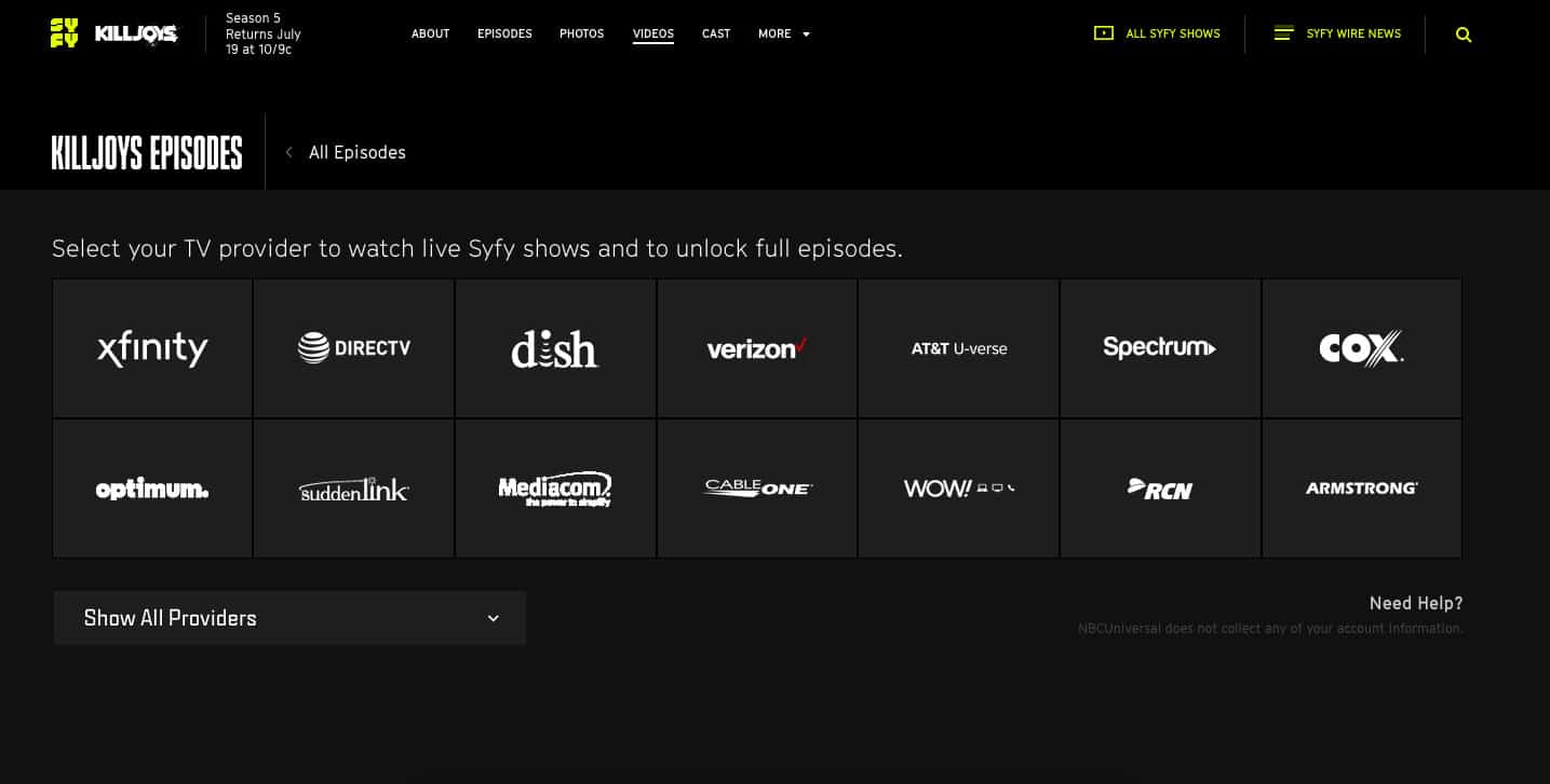 Accesso al provider TV Syfy