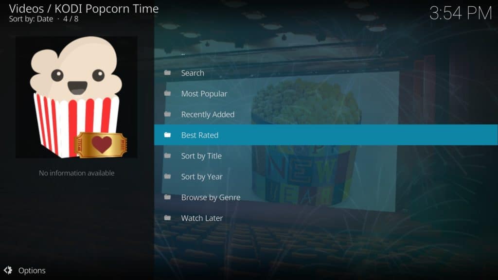 Popcorn Time filmes menu