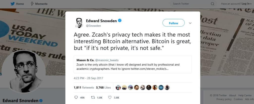 O tweet de Edward Snowden sobre zcash.