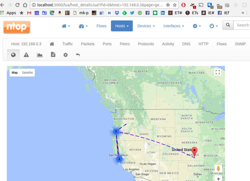 Captura de tela do ntopng mostrando a localização geográfica de hosts em um mapa
