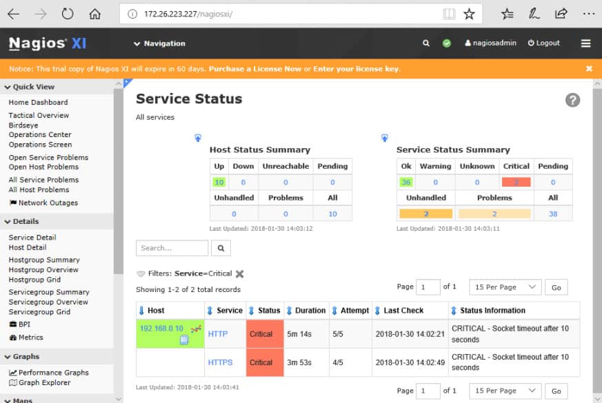 Captura de pantalla de Nagios que muestra el estado de los servicios que se monitorean