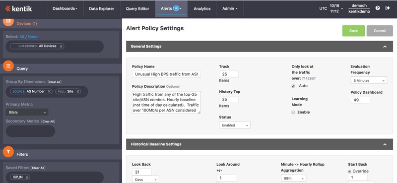 Captura de pantalla que muestra el panel de Kentik Detect para establecer una política que puede activar una alerta.