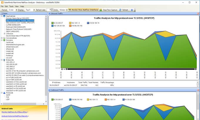 Capture d'écran de SolarWinds Real-Time Network Traffic Analyzer avec graphique en arborescence et diagramme montrant le trafic de l'élément sélectionné