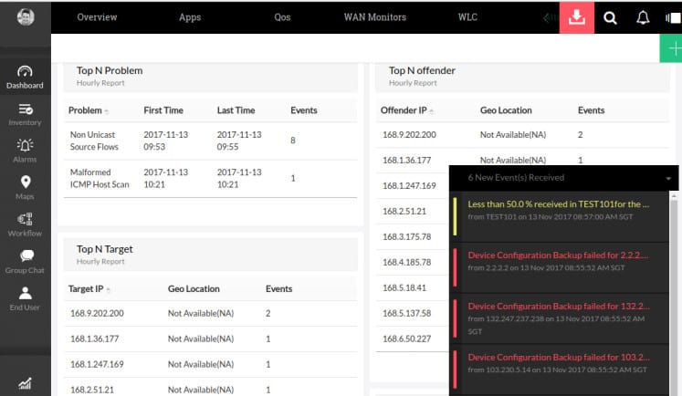 captura de pantalla del analizador ManageEngine NetFlow que muestra alertas actuales y mensajes de estado de seguridad