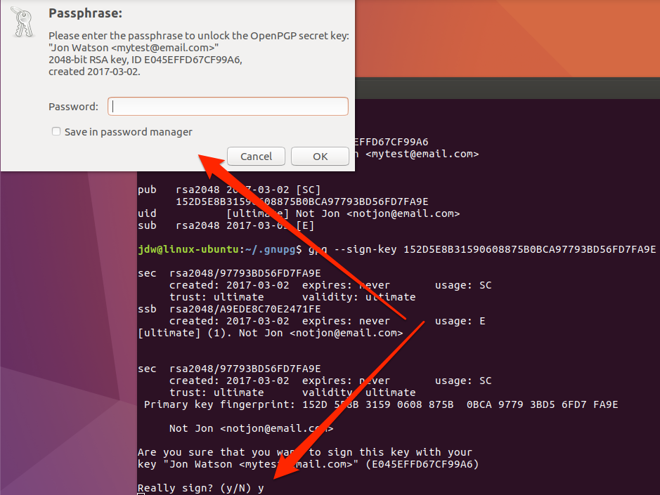 Ubuntu GPG firmar clave contraseña línea de comando rápido