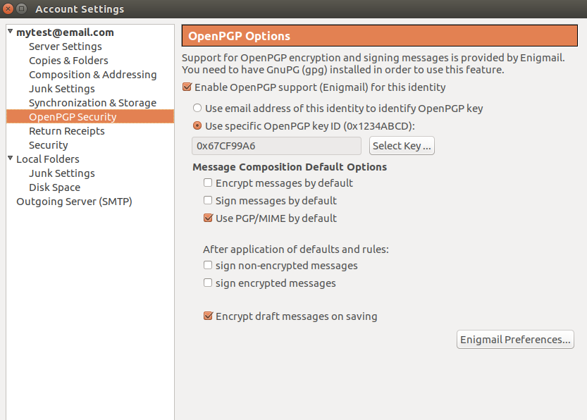 Opciones de preferencias de cuenta de Ubuntu engimail