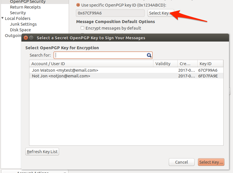 Opciones de selección de clave de cuenta de Ubuntu engimail