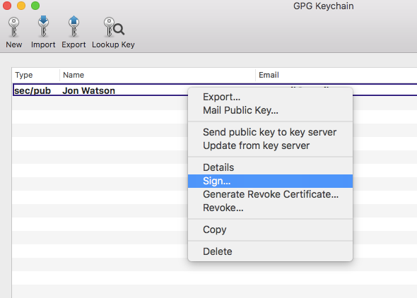 GPG keychain تسجيل خيار القائمة