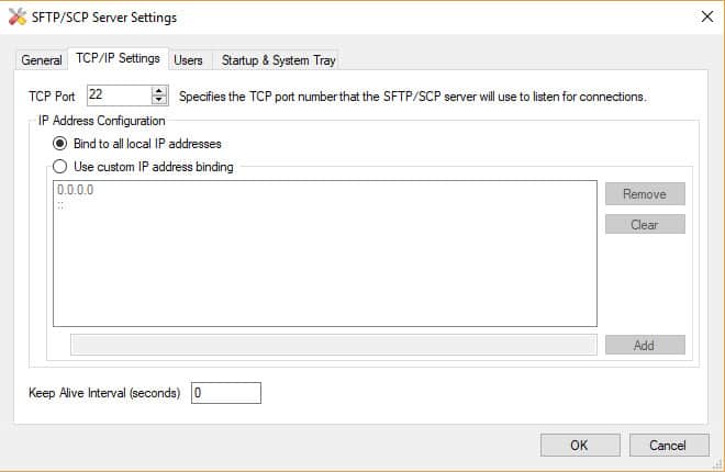 TCP-Einstellungen für SFTP-Server