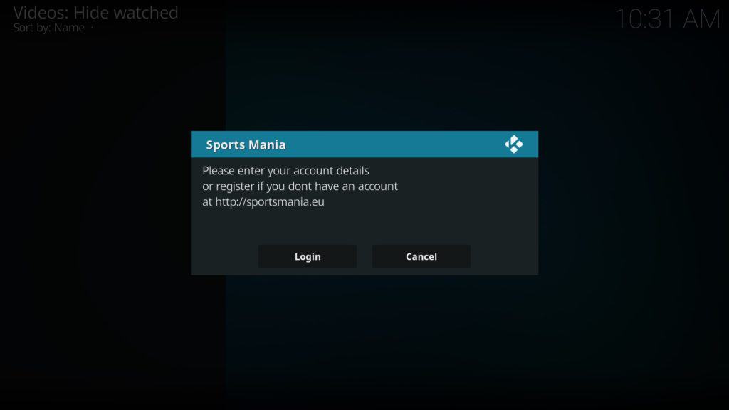 Schermata di accesso del componente aggiuntivo Kodi SportsMania