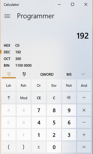 Calcolatore di Windows in modalità binaria
