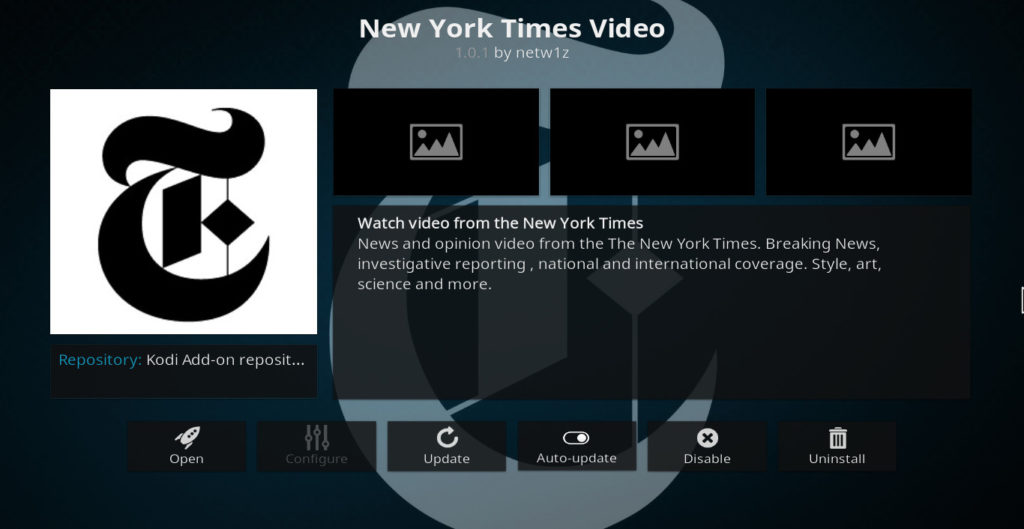 Componente aggiuntivo Kodi del New York Times Video