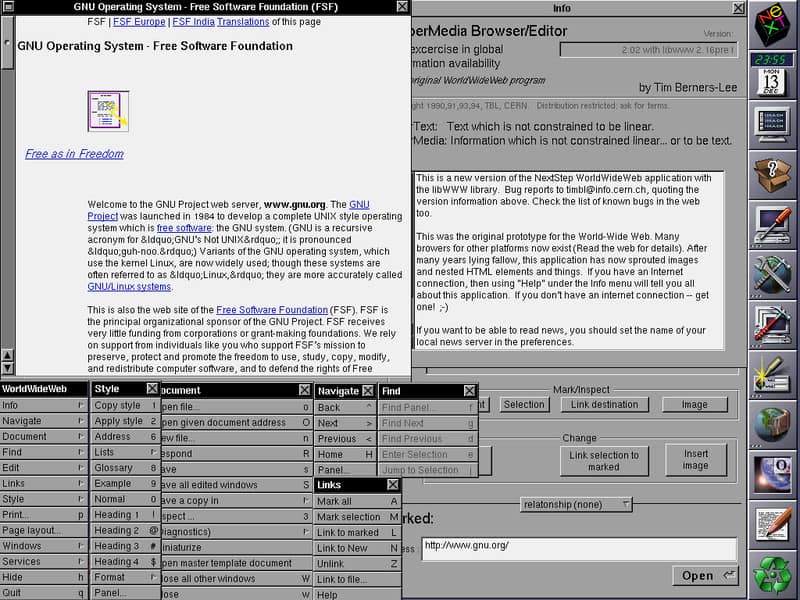WorldWideWeb (il browser Web originale basato su NeXT) che mostra molte delle sue funzioni / dominio pubblico / di Tim Berners-Lee per CERN / Creato: 13 dicembre 1994