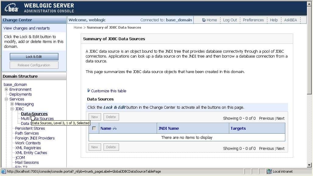 Configuration de la base de données d'administration BEA WebLogic