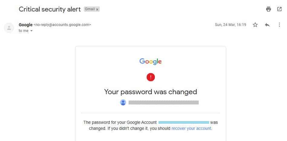 Correo electrónico de cambio de contraseña de Gmail.