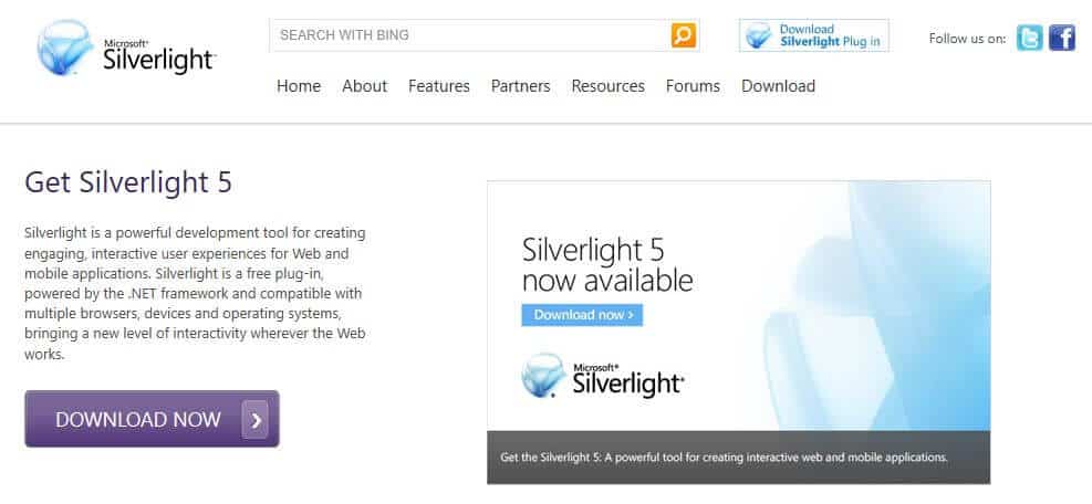 صفحة Microsoft Silverlight الرئيسية.