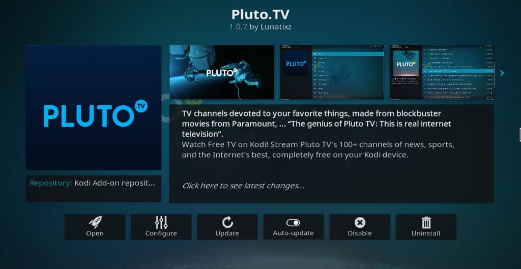 Écran d'information de l'addon Pluto.tv Kodi