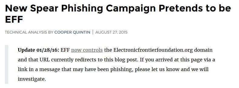 Un aggiornamento sul post del blog EFF relativo al dominio di spear phishing.