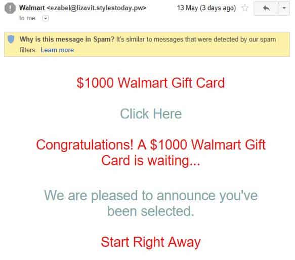 Un'e-mail Walmart falsa contenente un collegamento di phishing.